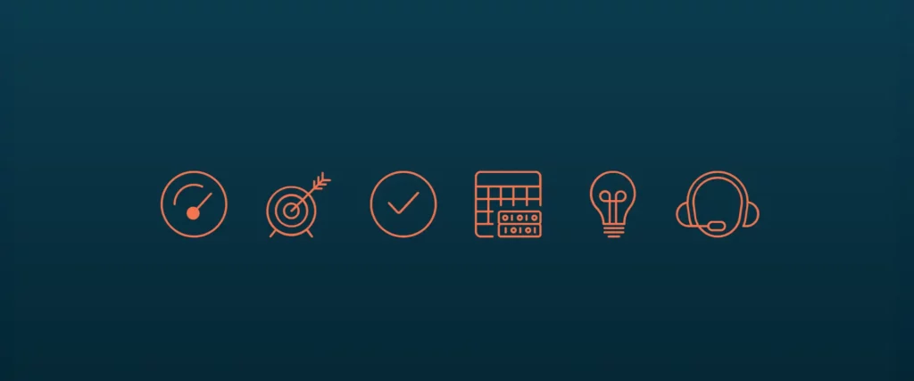 Icons depicting Speed, Accuracy, Reputation, Data Sources, Coverage, , Innovation and Customer Support